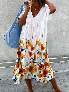 

Linen Floral V Neck Dress, White, Dresses