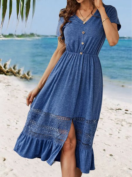 

V Neck Elegant Lace Dress, Blue, Dresses