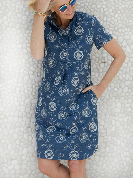 

Casual Floral Loose Half Open Collar Dress, Blue, Dresses