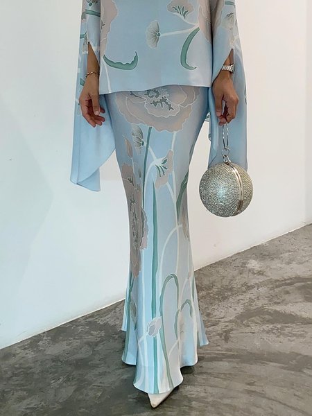 

Elegant Floral Regular Fit Long Skirt, Light blue, Maxi Dresses