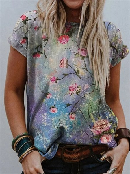 

Loose Crew Neck Casual Floral T-Shirt, Blue purple, T-Shirts