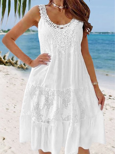 

Lace Vacation Lace Edge Plain Dress, White, Mini Dresses
