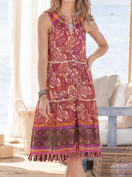 

Loose Boho Paisley Notched Dress, Red, Dresses