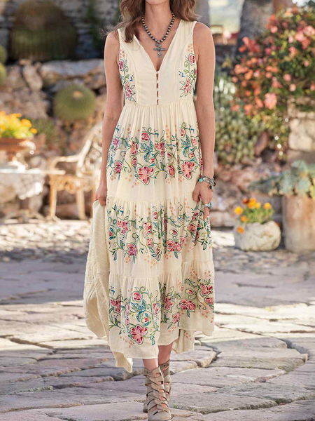 

V Neck Boho Floral Dress, Apricot, Dresses