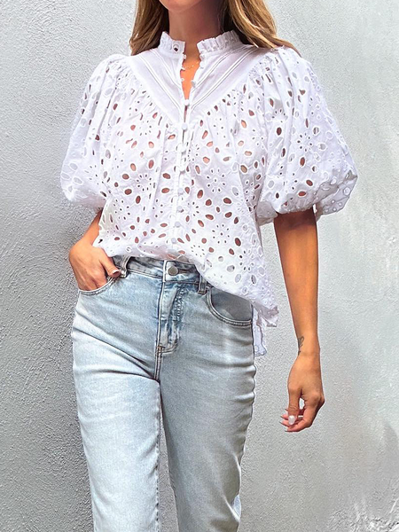

Urban Plain Loose Short sleeve Lotus Leaf Collar Blouse, White, Blouses and Shirts