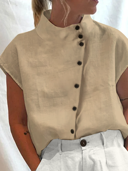 

Women's Cotton Linen Stand Collar Casual Shirt, Khaki, Shirts & Blouses