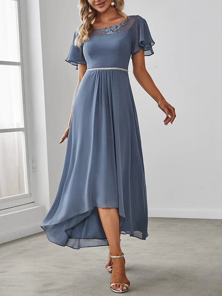 

Women's Casual Boat Neck A-Line Midi Dress with Irregular Hem, Blue, Formal Dresses