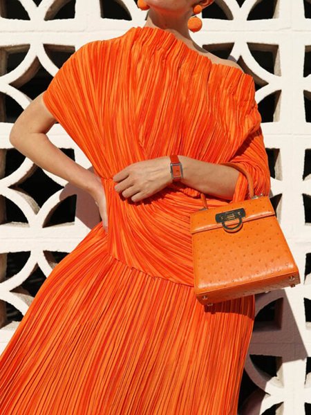 

Urban Boat Neck Loose Plain Pleated Shirt, Orange, Blouses and Shirts