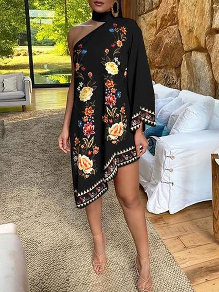 

Vacation Loose Floral Cold Shoulder Dress, Black, Mini Dresses