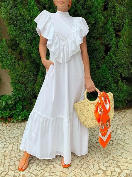 

Regular Fit Elegant Stand Collar Ruffled Sleeves Cotton Dress, White, Maxi Dresses