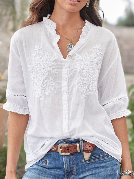 

Cotton and linen embroidered button-down shirt, White, Blouses & Shirts