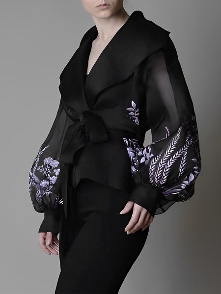 

Regular Fit Elegant Floral Shawl Collar Long Sleeve Blouse, Black, Blouses and Shirts