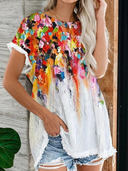 

Loose Floral Crew Neck Casual Shirt, Red, Shirts & Blouses