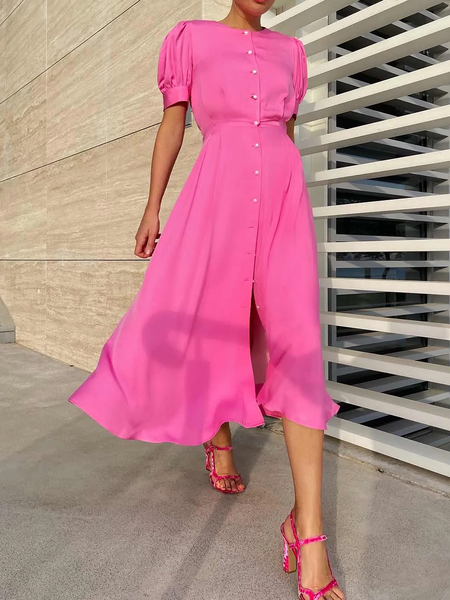

Regular Fit No Elasticity Elegant Crew Neck Plain Midi Dress, Pink, Midi Dresses
