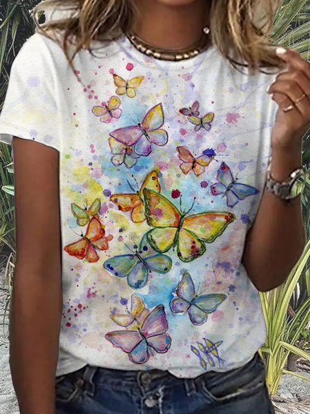 

Women's Cute Butterfly Simple Color Block T-Shirt, White, T-shirts