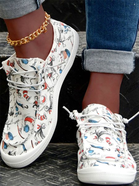 

Painting Graphic-Print Lace-Up Canvas Flats, As picture, Sneakers