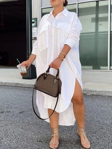 

Plain Shirt Collar Loose Casual Dress, White, Midi Dresses