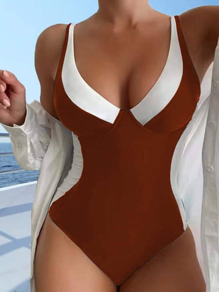 

Casual Color Block Split Joint V Neck One-Piece Swimsuit, Coffee, swimwear>>One-Pieces