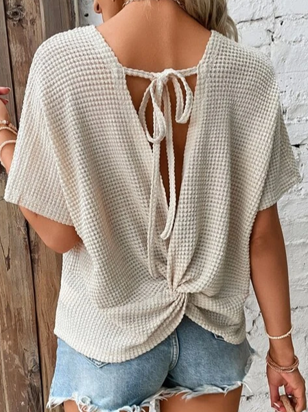 

Casual Loose Crew Neck Plain Shirt, Apricot, Shirts & Blouses