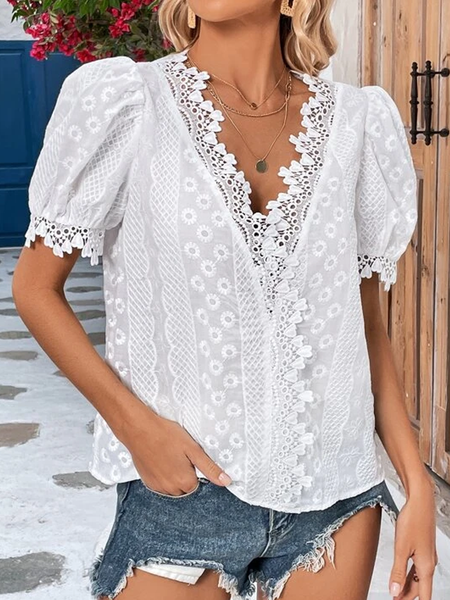 

Guipure Lace Trim Puff Sleeve Blouse, White, Shirts & Blouses