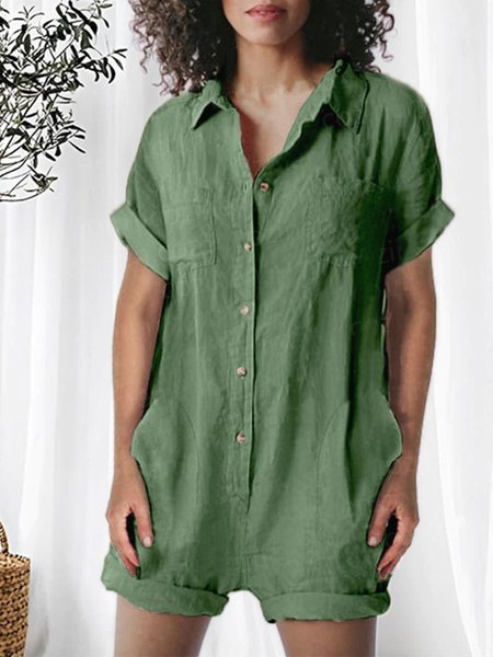 

Cotton And Linen Casual Loose Shawl Collar Jumpsuit, Green, Jumpsuits＆Rompers
