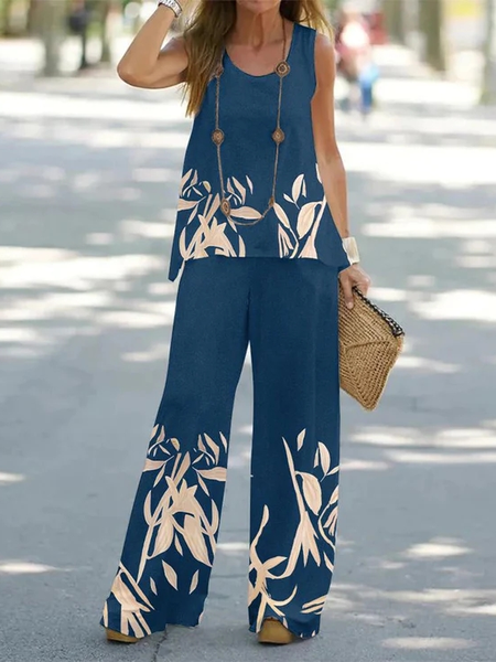 

V Neck Floral Casual Two-Piece Set, Blue, Suit Set