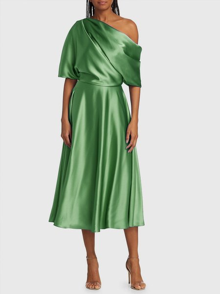

Elegant Satin One Shoulder Sleeve Plain Dress, Green, Midi Dresses