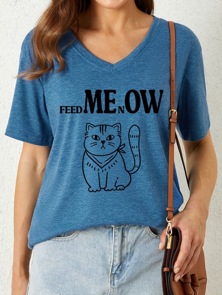 

Lilicloth X Hynek Rajtr Cat Lover Funny Feed Me Now Women's V Neck T-Shirt, Blue, T-shirts