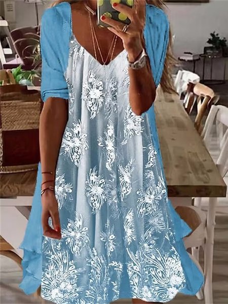 

Floral Casual V Neck Two-Piece Set, Blue, Dresses
