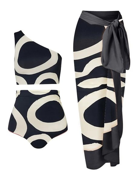 

One Shoulder Geometric Vacation Bikini With Cover Up, Black-white, swimwear>>One-Pieces
