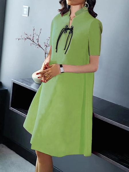 

Loose Plain Elegant Stand Collar Short sleeve Skirt Dress, Green, Mini Dresses