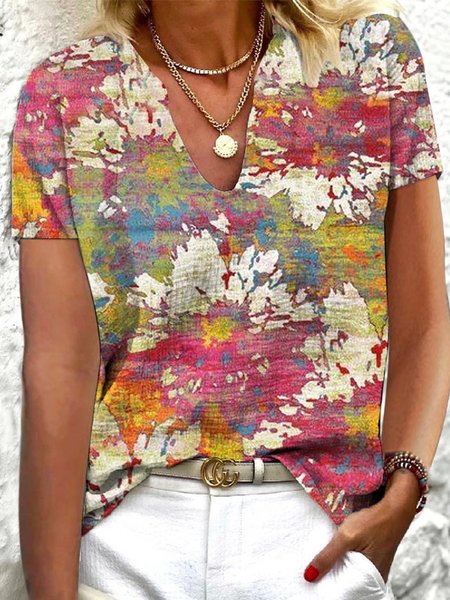 

Loose Floral Notched Vacation Shirt, Red, Shirts & Blouses