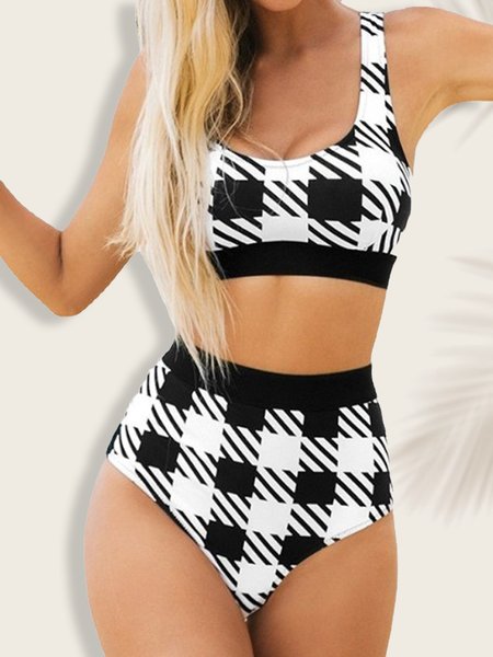 

Casual Plaid Scoop Neck Bikini, Black-white, Bikini Sets