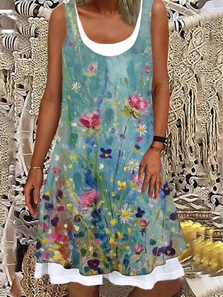 

Plus Size Jersey Casual Floral Crew Neck Dress, Blue, Dresses