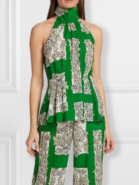 

Vacation Floral Stand Collar Regular Fit Shirt, Green, Blouses and Shirts