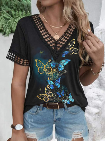 

V Neck Casual Knitted Butterfly Shirt, Black, Shirts & Blouses