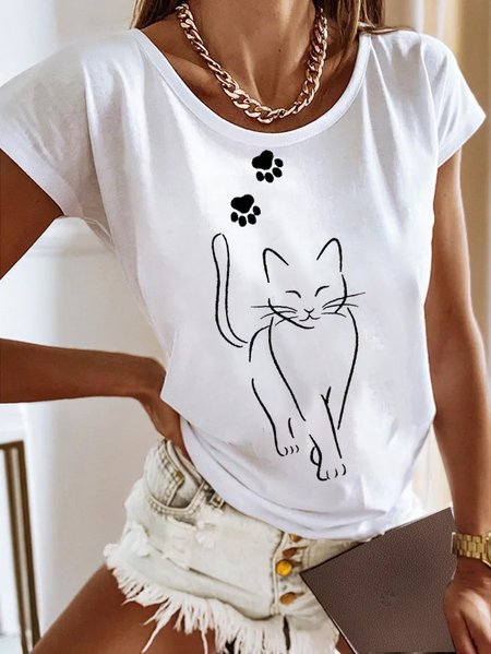

Casual Jersey Cat Crew Neck T-Shirt, White, T-Shirts