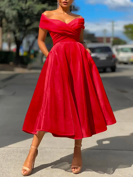 

Midi Plain Elegant Regular Fit Wedding Dress, Red, Midi Dresses