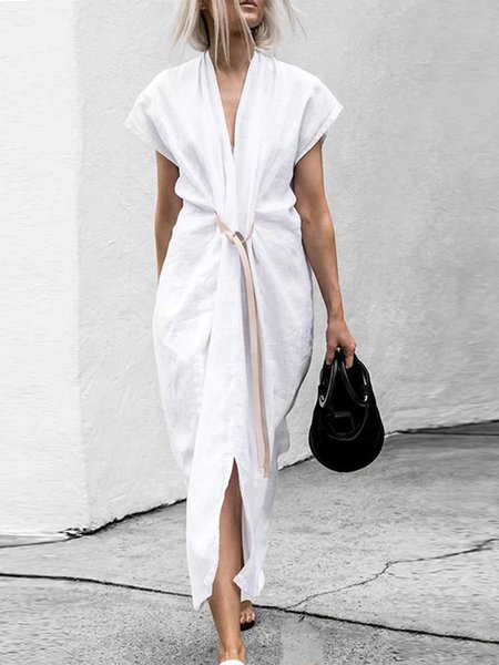 

Elegant Plain V Neck Loose Dress, White, Midi Dresses
