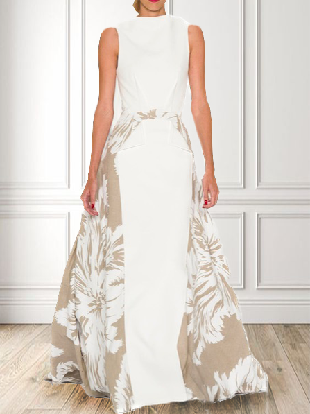 

Regular Fit Elegant Floral Crew Neck Party Dress, White, Maxi Dresses