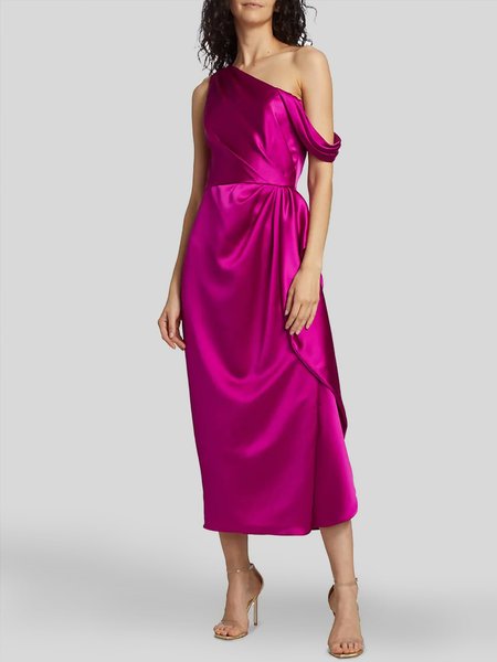 

Daily Plain Satin Regular Fit Elegant Dress, Rose red, Midi Dresses