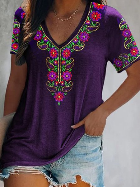 

Plus Size V Neck Loose Knitted Ethnic T-Shirt, Purple, T-Shirts