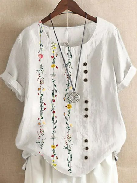 

Casual Crew Neck Buttoned Floral Shirt, White, Tunics
