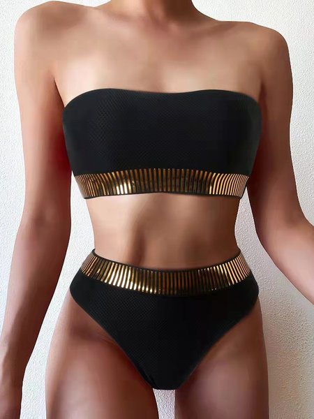 

Elegant Plain Webbing Strapless Bikini, Black, Bikini Sets