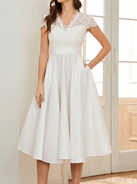 

Elegant Plain V Neck Loose Dress, White, Formal Dresses