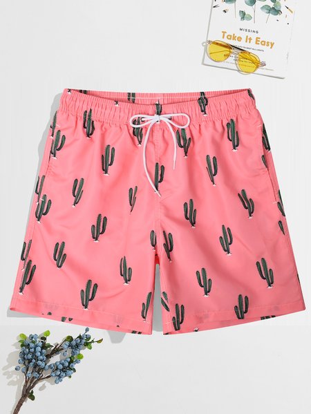 

Cactus Drawstring Beach Shorts, Pink, Men's shorts
