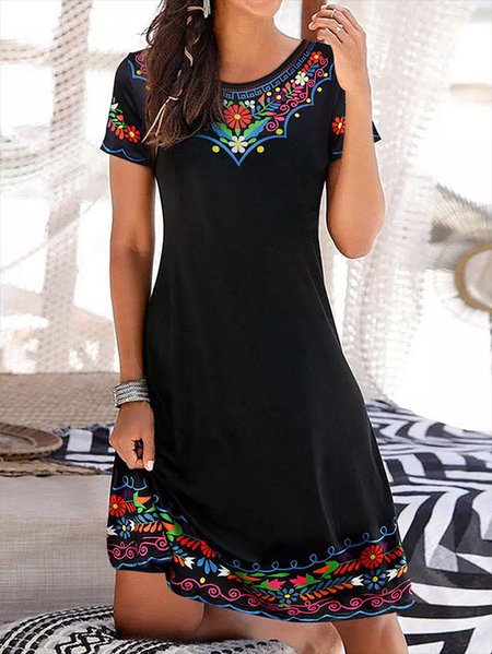 

Tribal Crew Neck Casual Short Sleeve Knit Dress, Black, Dresses