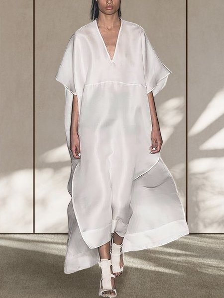 

V Neck Plain Casual No Elasticity Dress, White, Midi Dresses