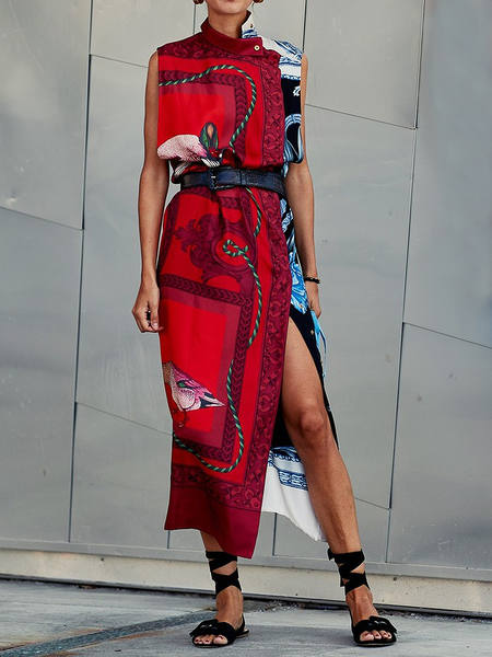 

Loose Urban Asymmetrical Sleeveless Midi H-Line Dress, Red, Midi Dresses