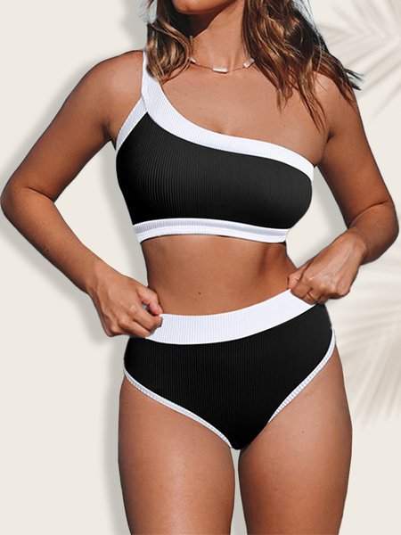 

Casual Color Block One Shoulder Bikini, Black, Bikini Sets